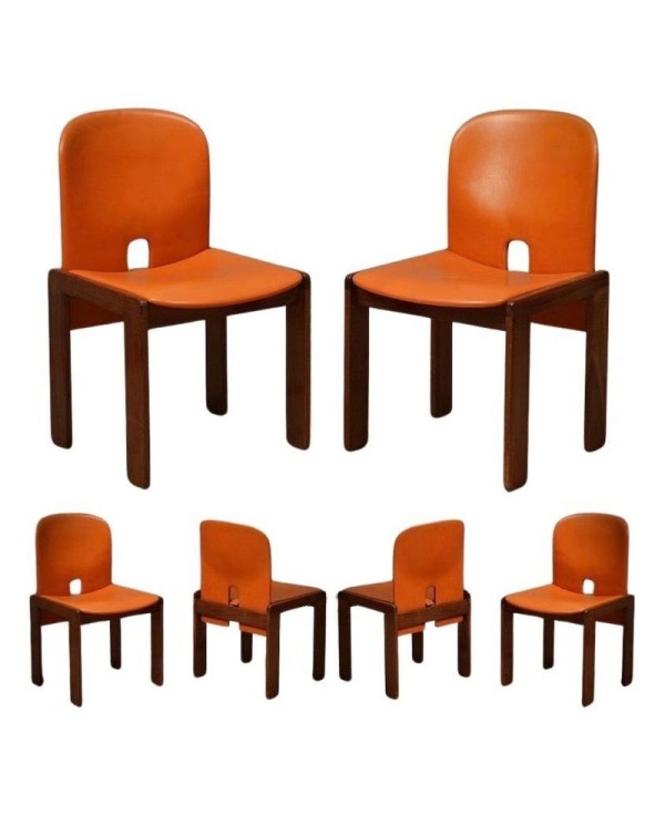 Afra & Tobia Scarpa per Cassina Model 121 Leather Walnut Dinning Chairs, 1967