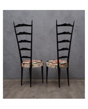 Pair of Midcentury High Back Ladder Flowery Fabric Italian Chiavari Chairs, 1950
