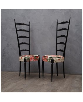 Pair of Midcentury High Back Ladder Flowery Fabric Italian Chiavari Chairs, 1950