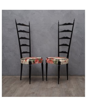 Pair of Midcentury High Back Ladder Flowery Fabric Italian Chiavari Chairs, 1950
