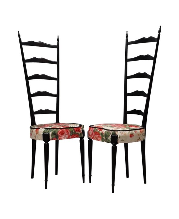 Pair of Midcentury High Back Ladder Flowery Fabric Italian Chiavari Chairs, 1950 Pair of Midcentury High Back Ladder Flowery Fabric Italian Chiavari Chairs, 1950
