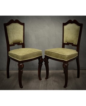 Art Deco Mahogany Wood and Geometric Green Velvet Chairs, 1920