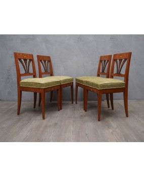 Biedermeier Squared Walnut and Geometric Green Velvet Austrian Chairs, 1850