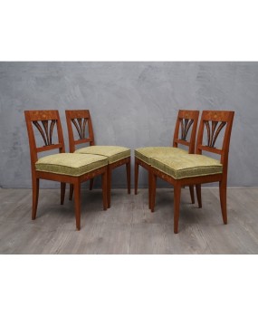 Biedermeier Squared Walnut and Geometric Green Velvet Austrian Chairs, 1850