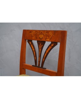 Biedermeier Squared Walnut and Geometric Green Velvet Austrian Chairs, 1850