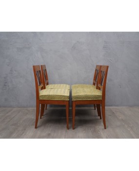 Biedermeier Squared Walnut and Geometric Green Velvet Austrian Chairs, 1850