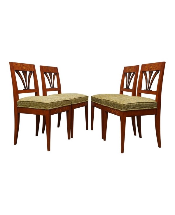 Biedermeier Squared Walnut and Geometric Green Velvet Austrian Chairs, 1850