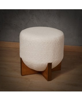 MidCentury Wood and White Bouclé Benches and Poufs, 1990