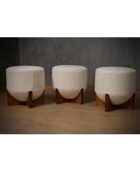 MidCentury Wood and White Bouclé Benches and Poufs, 1990
