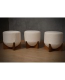 MidCentury Wood and White Bouclé Benches and Poufs, 1990 MidCentury Wood and White Bouclé Benches and Poufs, 1990
