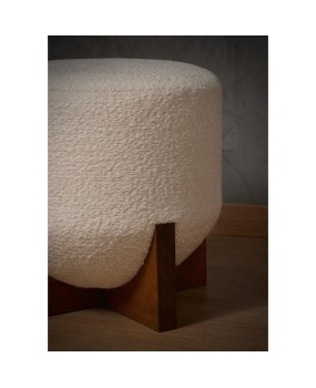 MidCentury Wood and White Bouclé Benches and Poufs, 1990