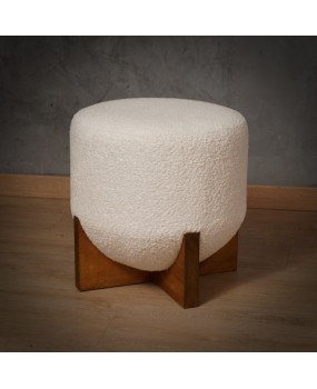 MidCentury Wood and White Bouclé Benches and Poufs, 1990