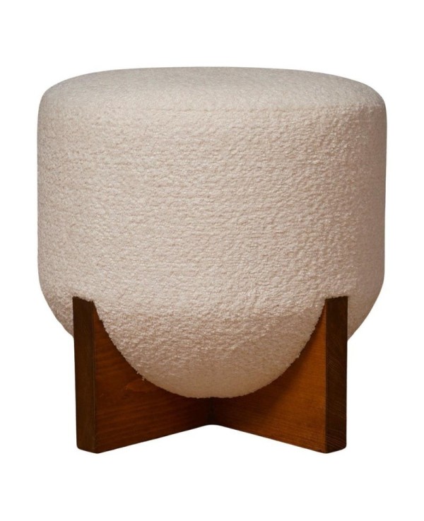 MidCentury Wood and White Bouclé Benches and Poufs, 1990 MidCentury Wood and White Bouclé Benches and Poufs, 1990