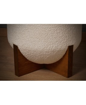 MidCentury Wood and White Bouclé Benches and Poufs, 1990