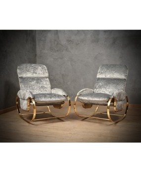 Guido Faleschini Golden Metal and Gray Velvet Arm Chair / Rocking Chair, 1970