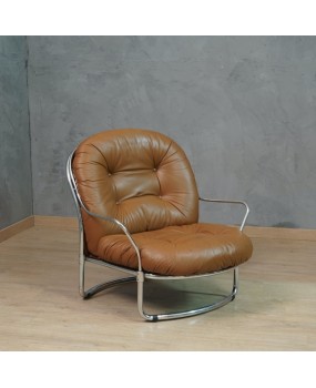 Carlo De Carli for Cinova Mod. 915 Chrome and Brown Leather Arm Chair, 1969