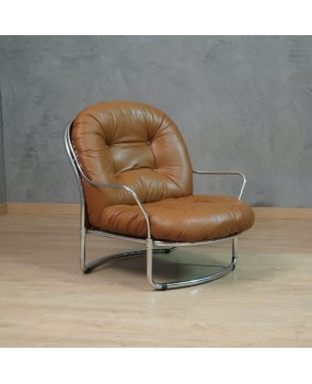 Carlo De Carli for Cinova Mod. 915 Chrome and Brown Leather Arm Chair, 1969