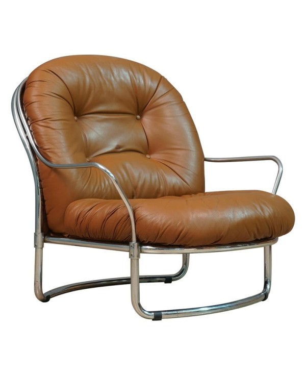Carlo De Carli for Cinova Mod. 915 Chrome and Brown Leather Arm Chair, 1969 Carlo De Carli for Cinova Mod. 915 Chrome and Brown Leather Arm Chair, 1969
