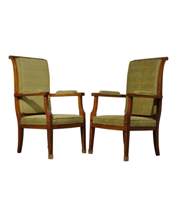 MidCentury Walnut Brass and Velvet ArmChairs, 1950 MidCentury Walnut Brass and Velvet ArmChairs, 1950
