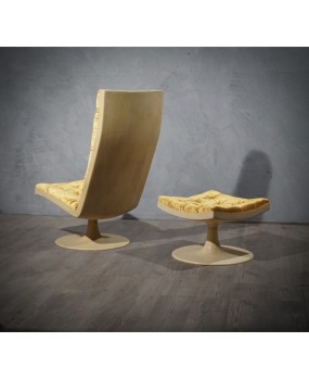 Midcentury Yellow Velvet Armchairs and Pouf, 1970