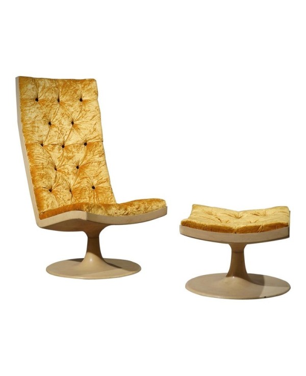 Midcentury Yellow Velvet Armchairs and Pouf, 1970 Midcentury Yellow Velvet Armchairs and Pouf, 1970