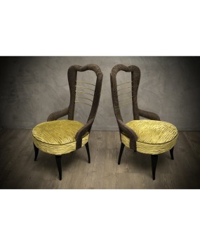 Pair of Midcentury Green Velvet and Brass Italian Chairs, 1950