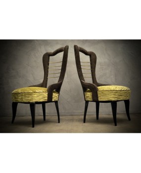 Pair of Midcentury Green Velvet and Brass Italian Chairs, 1950