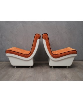 Pair of White Resin Plastic and Orange Velvet Armchairs, 1960.