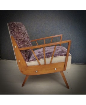 Midcentury Beech Wood and Embroidered Velvet Italian Club Armchairs, 1950