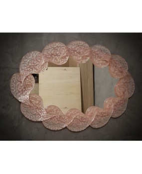 Oval mirror in pink artistic Murano glass and brass