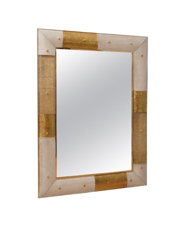 Murano Gold and White Color Glass and Brass Wall Mirror, 1980