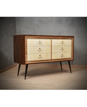 Art Deco Walnut Wood Goat Skin and Brass Italian Commode Chest of Drawers, 1950