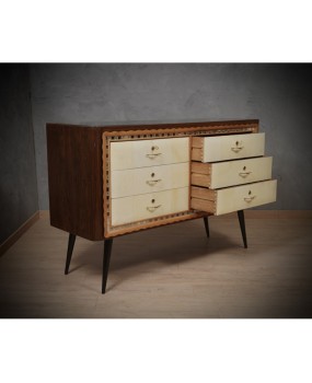 Art Deco Walnut Wood Goat Skin and Brass Italian Commode Chest of Drawers, 1950