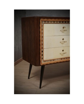 Art Deco Walnut Wood Goat Skin and Brass Italian Commode Chest of Drawers, 1950