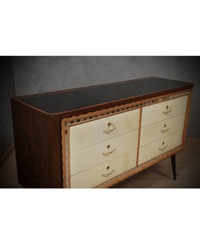 Art Deco Walnut Wood Goat Skin and Brass Italian Commode Chest of Drawers, 1950