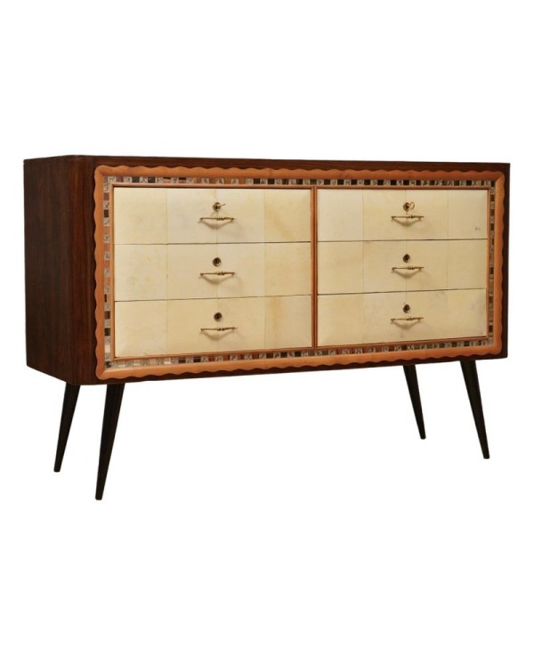 Art Deco Walnut Wood Goat Skin and Brass Italian Commode Chest of Drawers, 1950
