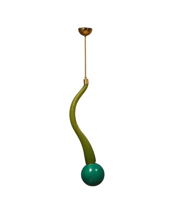 Murano Round Green Glass and Brass Lantern Chandelier and Pendant, 1960 Murano Round Green Glass and Brass Lantern Chandelier and Pendant, 1960