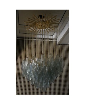 Murano Midcentury Sea Water Color Glass and Brass Chandelier, 1970