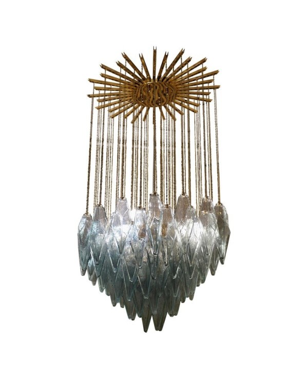 Murano Midcentury Sea Water Color Glass and Brass Chandelier, 1970