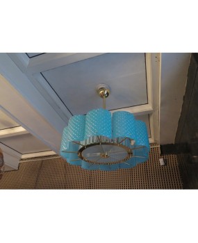 L 78 Lampadario Rotondo in vetro color Tiffany e ottone di Murano, 1980