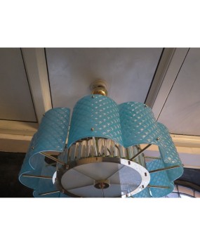 L 78 Lampadario Rotondo in vetro color Tiffany e ottone di Murano, 1980