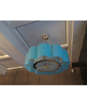 L 78 Lampadario Rotondo in vetro color Tiffany e ottone di Murano, 1980