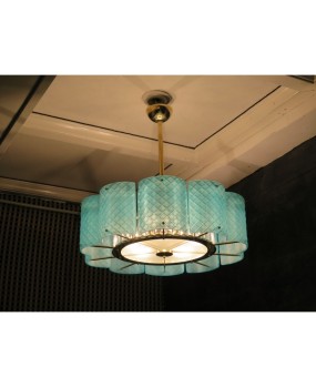 L 78 Lampadario Rotondo in vetro color Tiffany e ottone di Murano, 1980