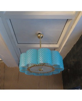L 78 Lampadario Rotondo in vetro color Tiffany e ottone di Murano, 1980