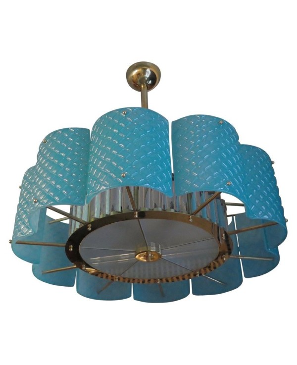 L 78 Lampadario Rotondo in vetro color Tiffany e ottone di Murano, 1980
