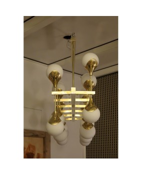 L 61 Lampadario Stilnovo in ottone e vetro