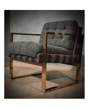 Pair of Midcentury Brass and Fabric Italian Armchairs, 1950.