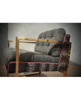 Pair of Midcentury Brass and Fabric Italian Armchairs, 1950.