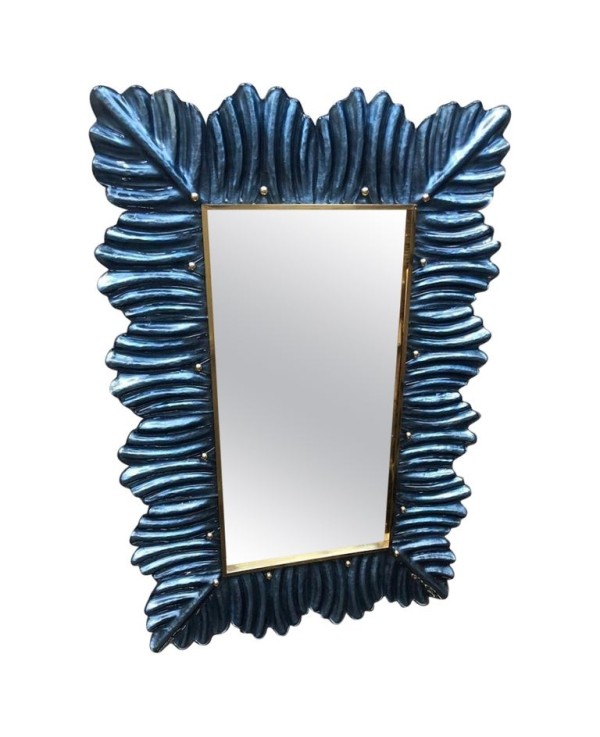 Murano Blu Color Glass and Brass Mid-Century Console / Wall Mirror, 2020 Murano Blu Color Glass and Brass Mid-Century Console / Wall Mirror, 2020