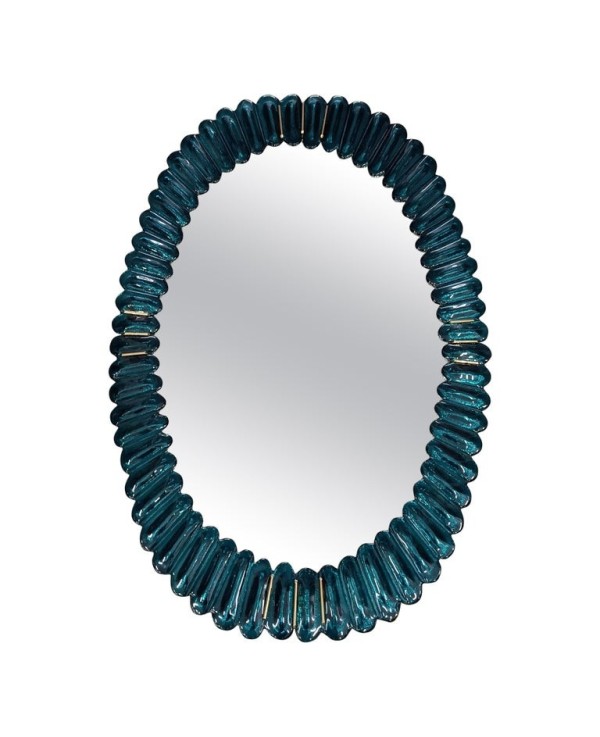 Midcentury Murano Oval Aquamarine Blue Art Glass and Brass Wall Mirror, 2000